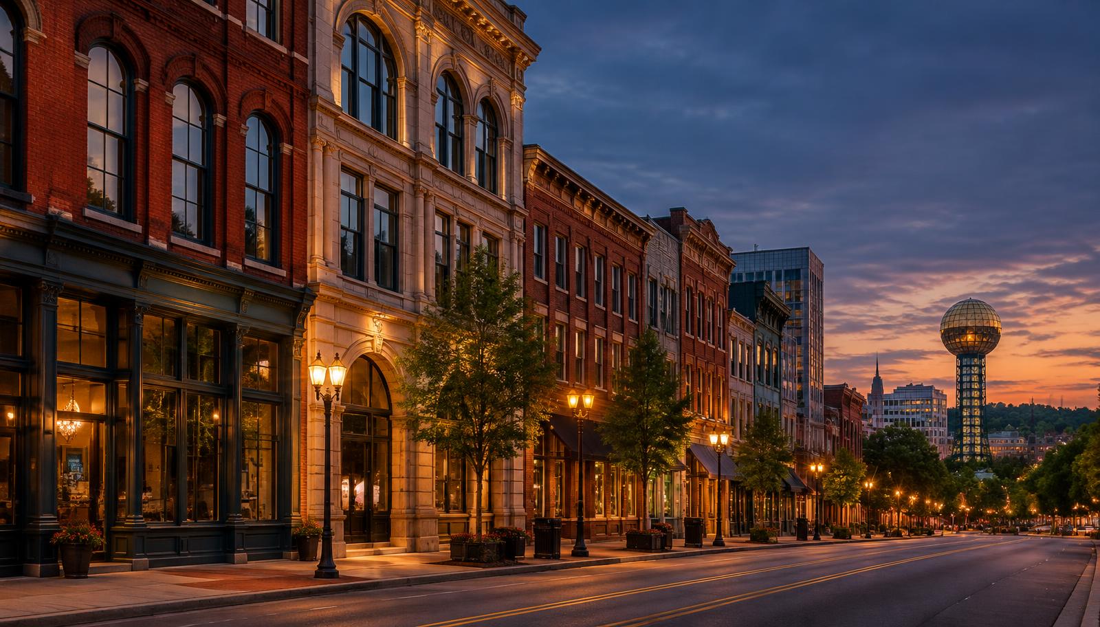 Historic buildings in downtown Knoxville, Tennessee at dusk